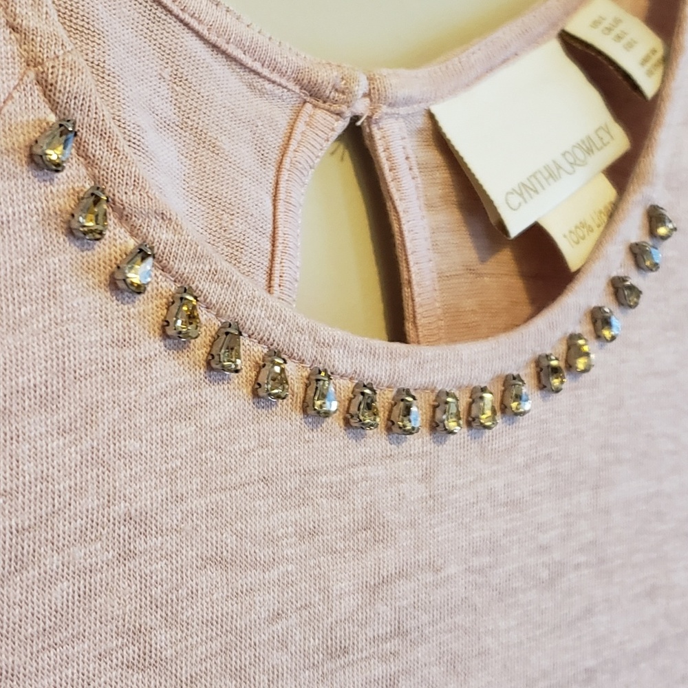 Baby pink linen shell with rhinestone trim